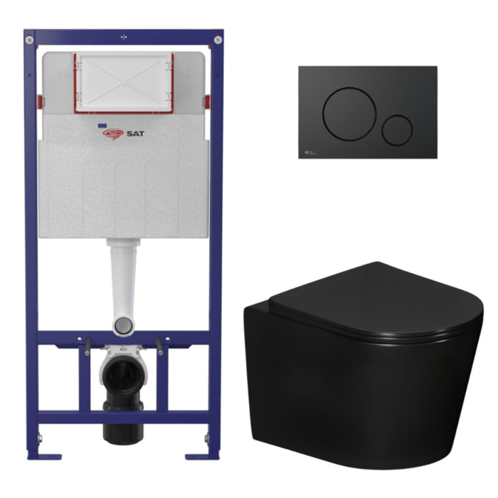 WC-Komplettset Schwarz Matt mit Vorwandelement ECO 2L, Rimless Hänge-WC & SoftClose-Sitz (STECE14BMT01-IN)
