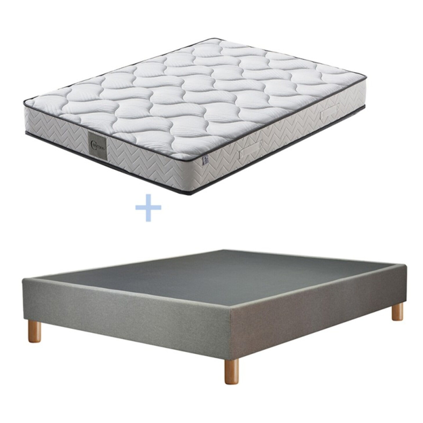 Ensemble Matelas Cosmos ressorts et mémoire de forme avec son sommier Cancun en tissu gris clair