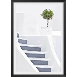 Poster escalier blanc paros Affiche + cadre en bois - Noir