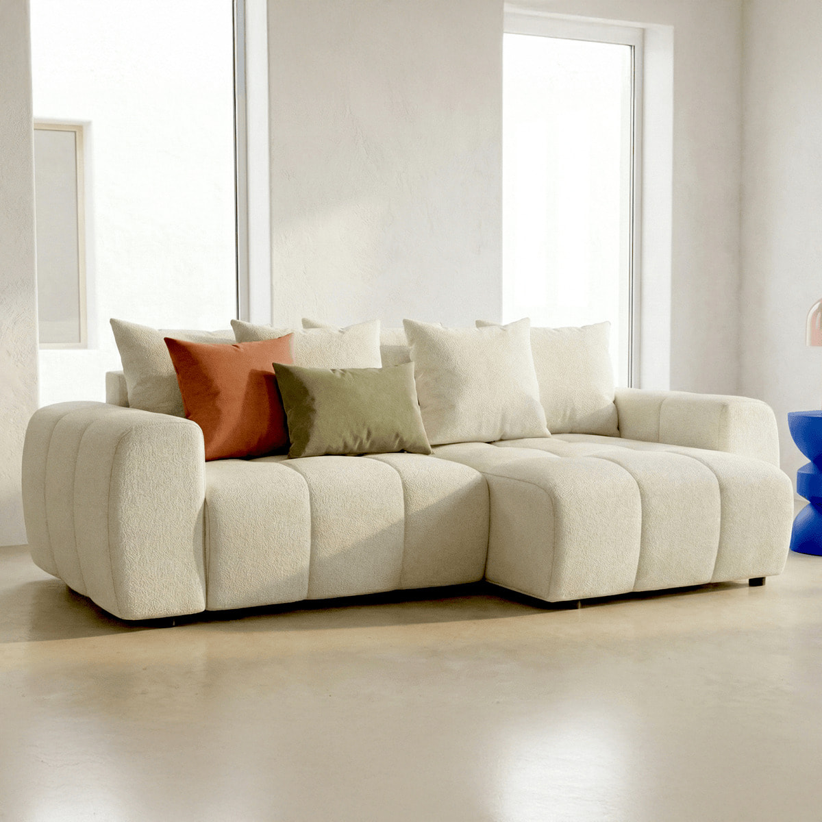 Canapé d'angle convertible réversible 4 places avec coffre de rangement en tissu chenille - RIVOLI
