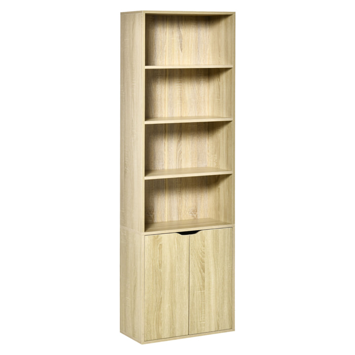 Bibliothèque 4 étagères armoire 2 portes dim. 59 x 29 x 180 cm effet bois clair