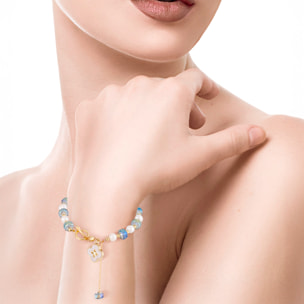 Pulsera con colgante de trébol de cuatro hojas, cuentas de cristal azul y perlas naturales.