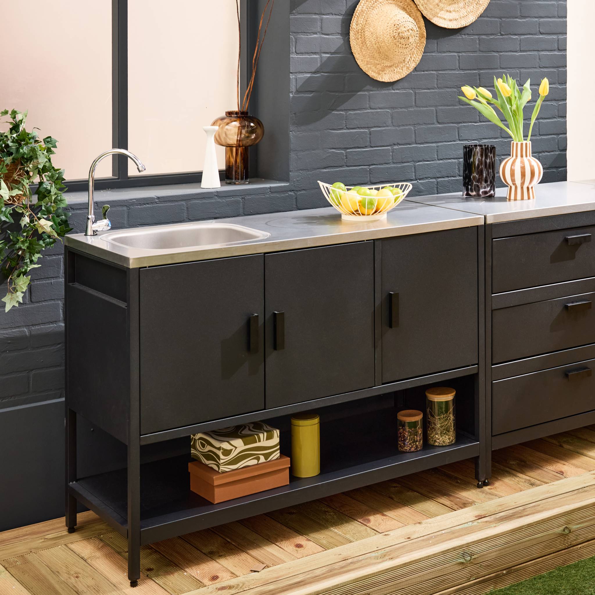 Cuisine d'extérieure 5 modules avec barbecue gaz 3 brûleurs sur pieds, thermomètre NAXOS BARBECUE GAZ + 5 MODULES