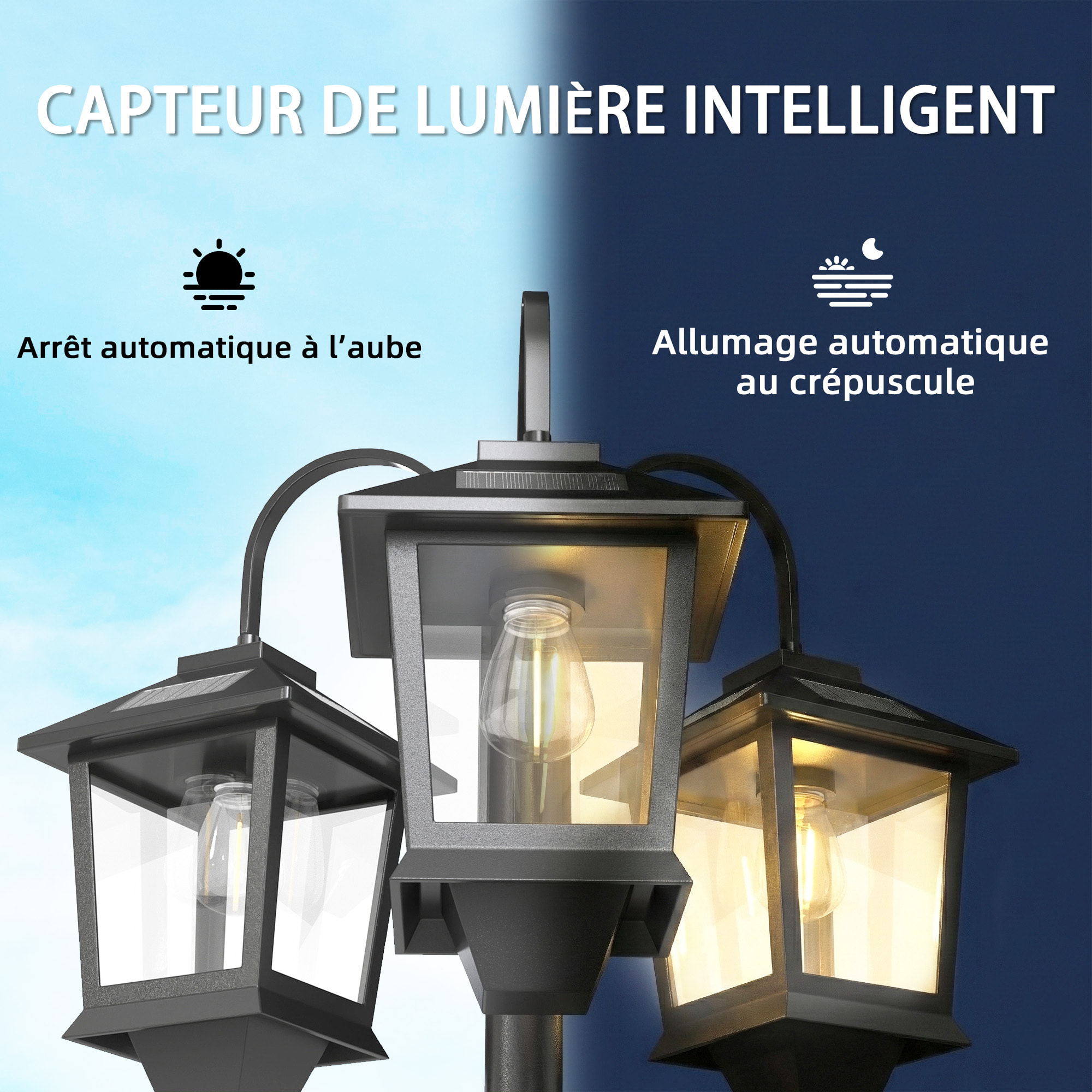 Lampadaire solaire LED 3 têtes capteur auto H.188 cm noir