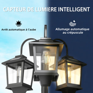 Lampadaire solaire LED 3 têtes capteur auto H.188 cm noir