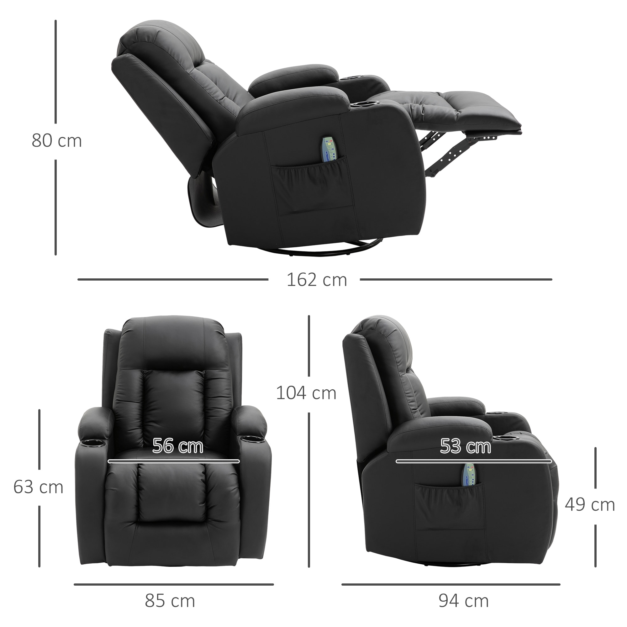 Fauteuil de massage et relaxation électrique chauffant inclinable manuellement repose-pied télécommande noir