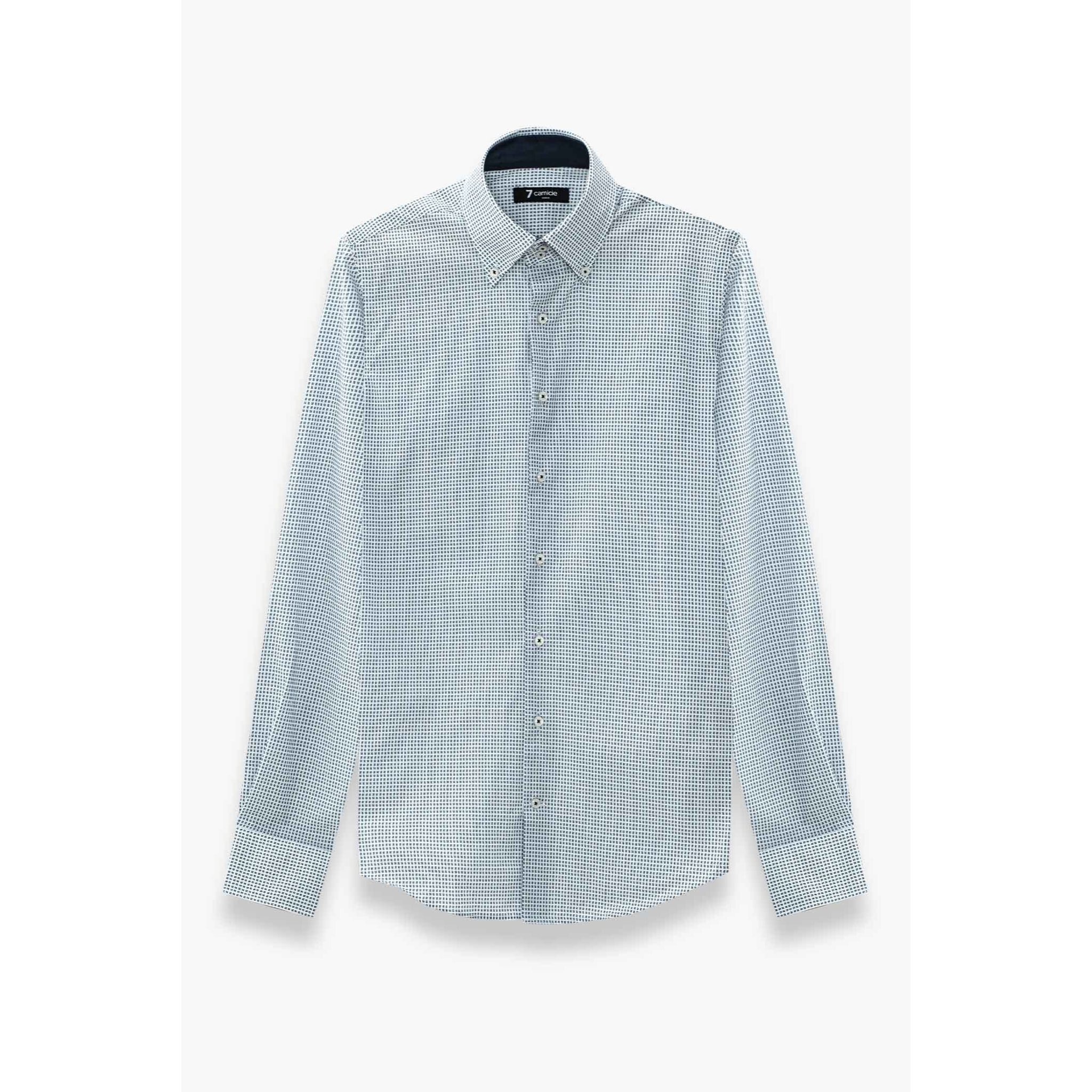 Camicia Uomo 2 Bottoni Button Down Slim Popeline Stampato Bianco e Blu