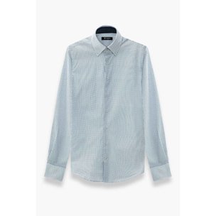 Camicia Uomo 2 Bottoni Button Down Slim Popeline Stampato Bianco e Blu
