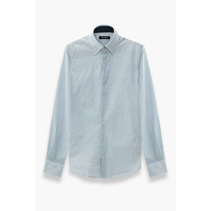 Camicia Uomo 2 Bottoni Button Down Slim Popeline Stampato Bianco e Blu