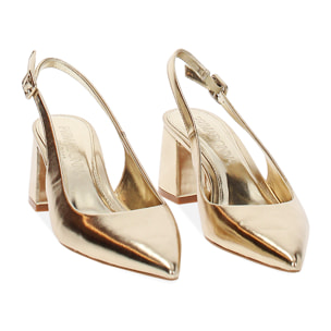 Décolleté slingback donna dorate, tacco largo 6,5 cm
