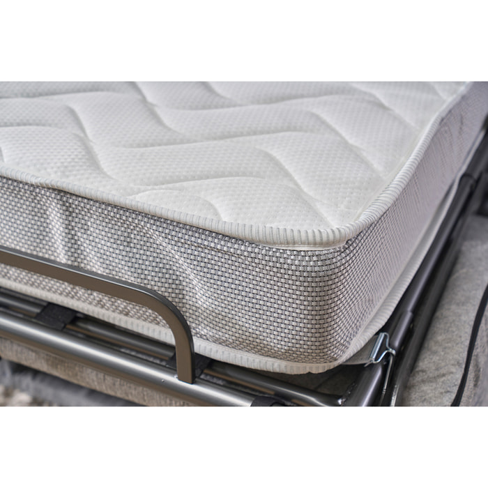 Canapé convertible avec têtières ajustables 3 places en tissu gris et bois clair et matelas 18 cm GOYA
