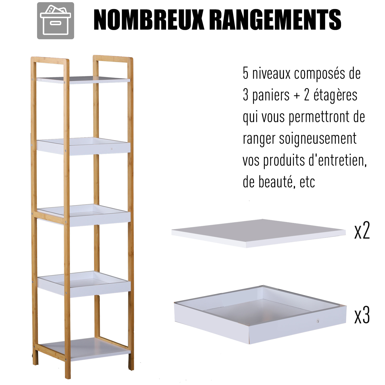 Etagère en bambou de salle de bain étagère debout 3 paniers + 2 étagères dim. 32L x 30l x 130H cm beige blanc