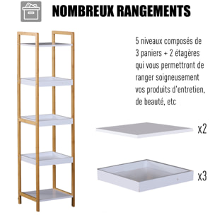 Etagère en bambou de salle de bain étagère debout 3 paniers + 2 étagères dim. 32L x 30l x 130H cm beige blanc