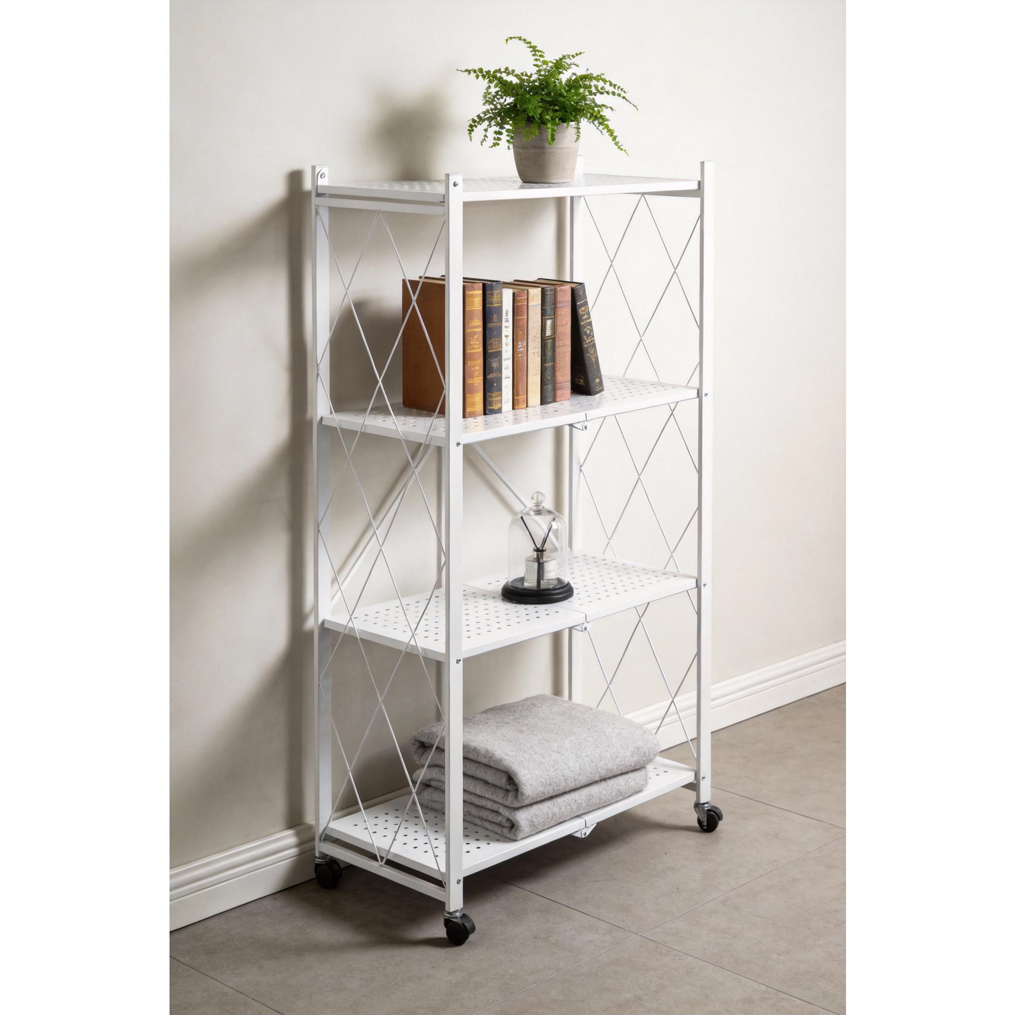 Estantería de Almacenamiento PLEGABLE de 4 Estantes con ruedas, SIN montaje - 71x34x125cm color Blanco