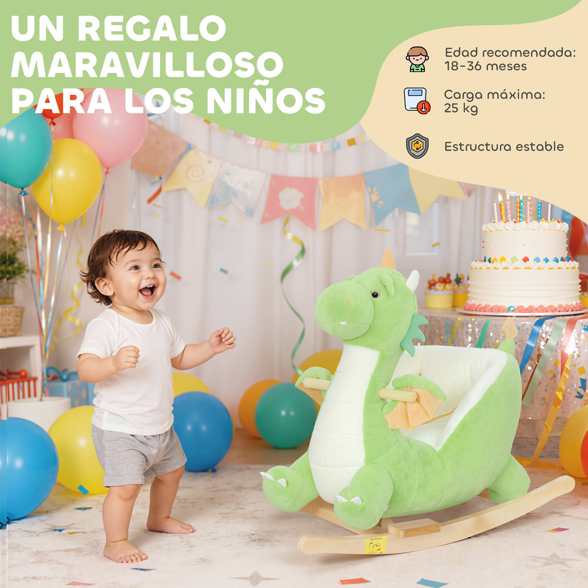 Caballito Balancín para Bebés con Sonido de Dragón, Caballo Balancín de Peluche con Base de Madera, Cinturón de Seguridad, para Niños de 18-36 Meses, Verde
