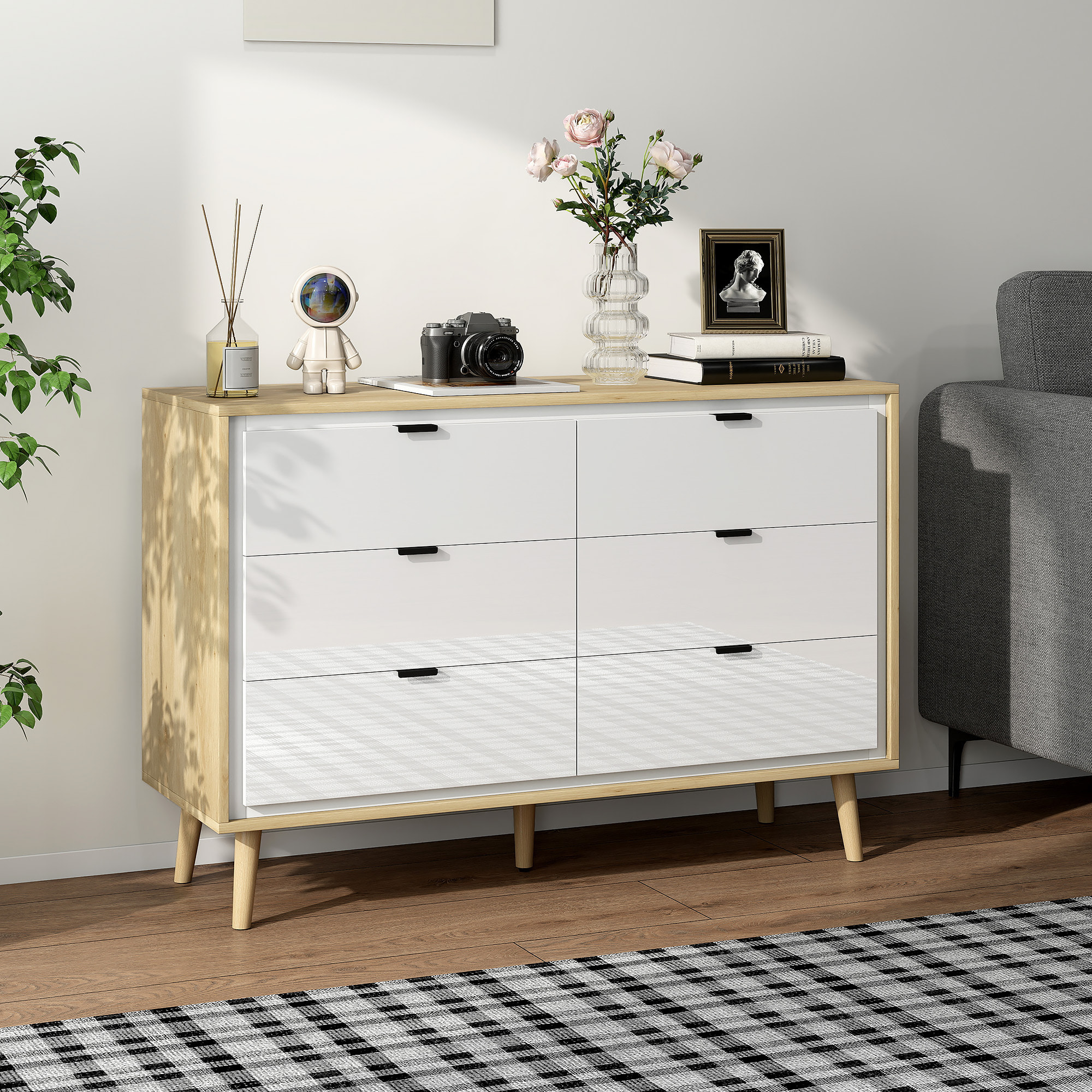 Cómoda 6 Cajones, Cómoda Dormitorio con Patas de Madera, Cajonera para Salón, Oficina, Estilo Moderno, 110x40x75 cm, Blanco Brillo y Roble