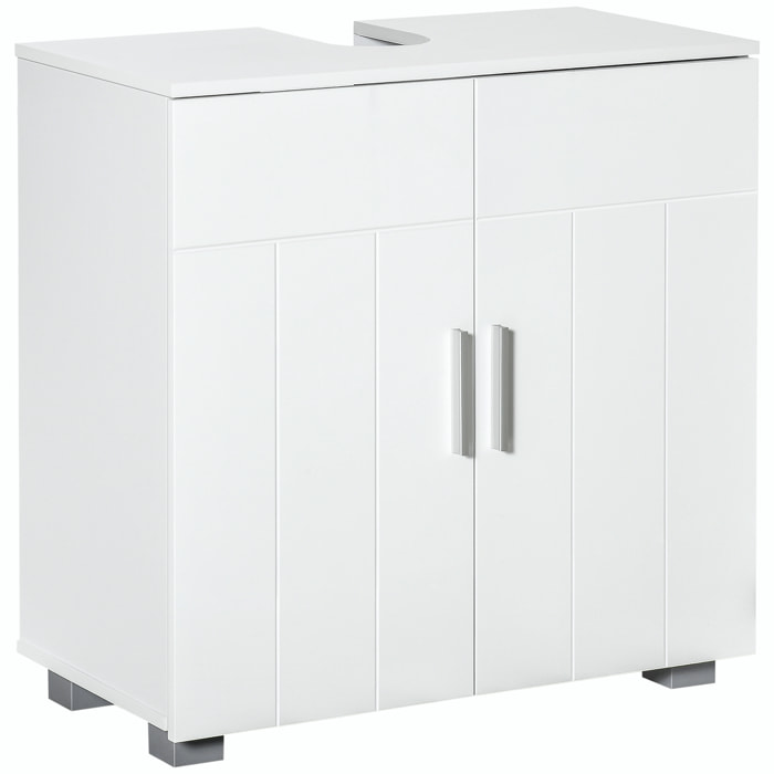 Meuble vasque - meuble sous-vasque - 2 portes rainurées, 2 étagères - poignées alliage aluminium - dim. 60L x 30l x 60H cm - MDF blanc