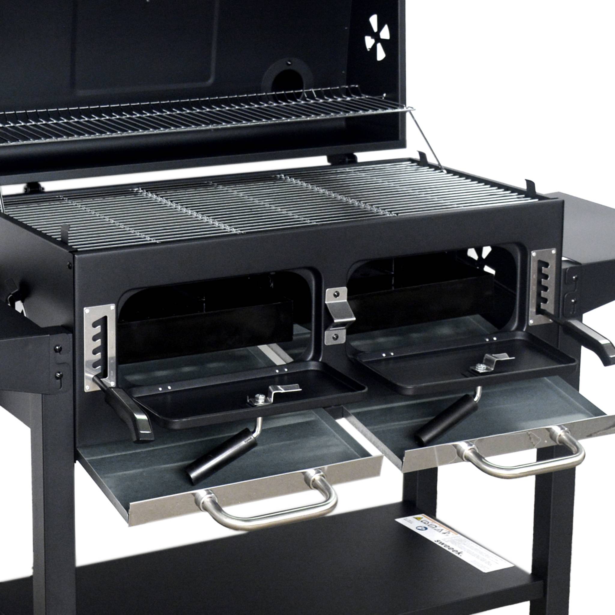 Barbecue Grill charbon de bois - Bernard XL Noir - Avec récupérateur de cendres. aérateurs. bac charbon ajustable et tablettes rabattables. L 160 x P 107.5 x H 141cm