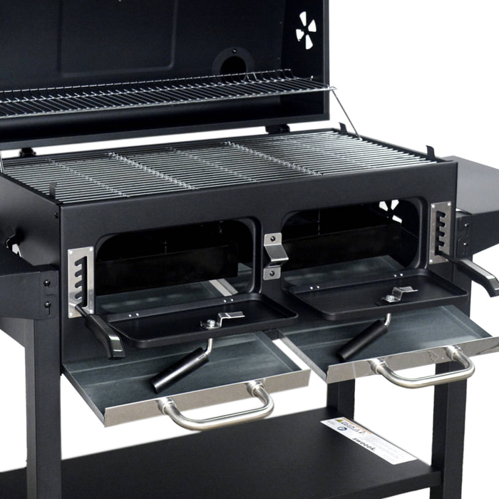 Barbecue Grill charbon de bois - Bernard XL Noir - Avec récupérateur de cendres. aérateurs. bac charbon ajustable et tablettes rabattables. L 160 x P 107.5 x H 141cm