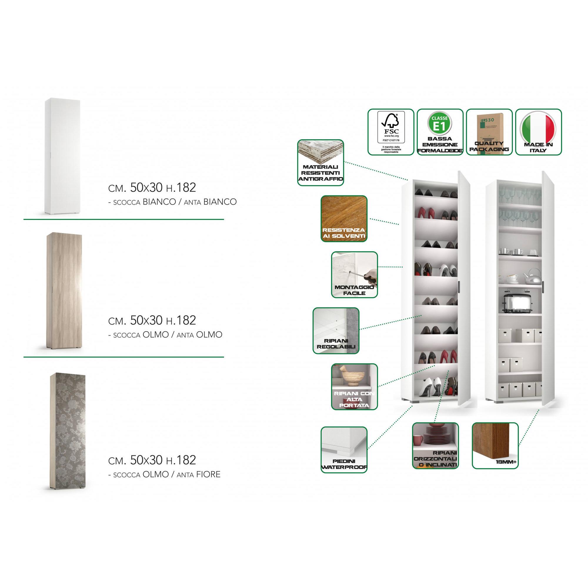 Armadio multiuso Fiordaliso, Mobile lineare a 1 Anta e 7 ripiani, Colonna da ingresso o bagno, Scarpiera moderna, 100% Made in Italy, Cm 50x30h182, Bianco