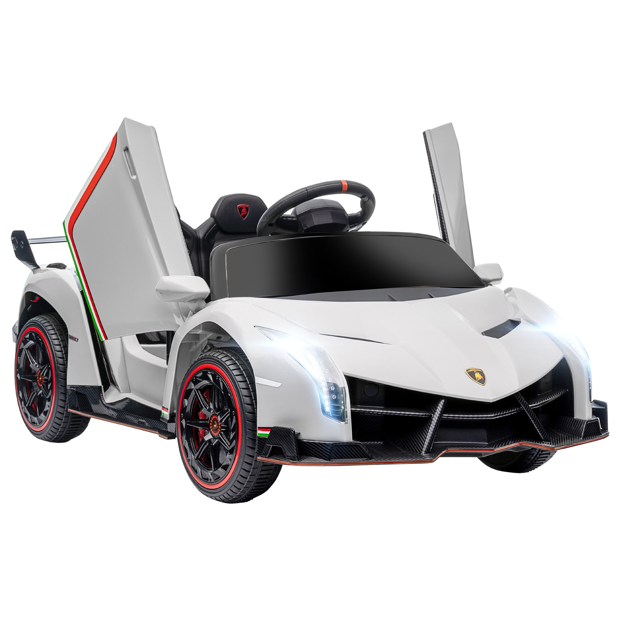 Voiture électrique enfant licence Lamborghini Veneno V. max. 7 Km/h télécommande ouverture portes MP3 USB effets sonores lumineux blanc