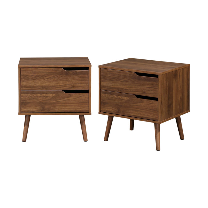 Lot de 2 tables de chevet décor bois teinté noyer. 2 tiroirs. pieds en pin massif
