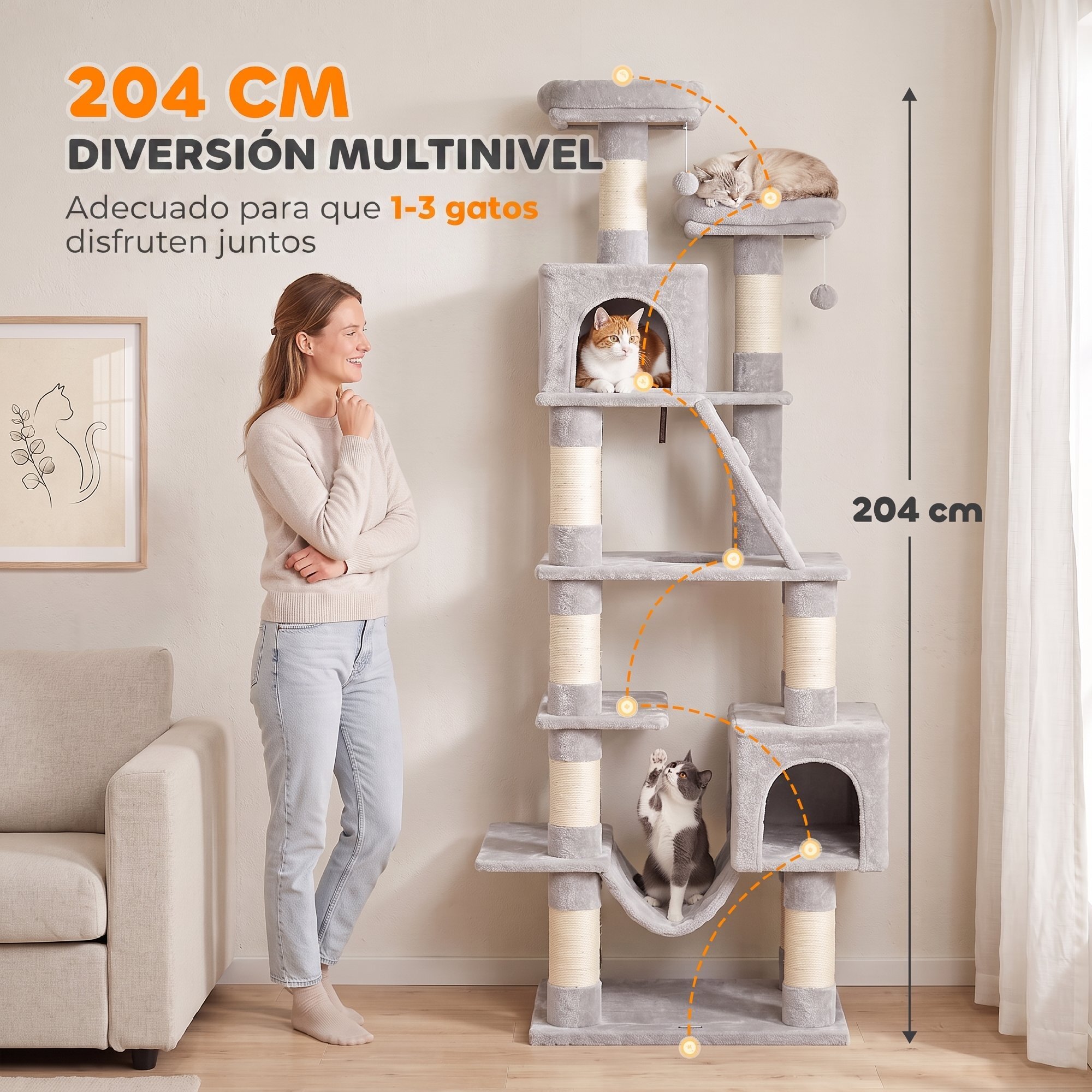 Árbol Rascador para Gatos 204 cm, Torre para Gatos Multinivel con 2 Cuevas, 2 Camas, Hamaca, Postes de Sisal, Escalera, 2 Bolas Colgantes, Tela de Felpa, para 1-3, Gris Claro