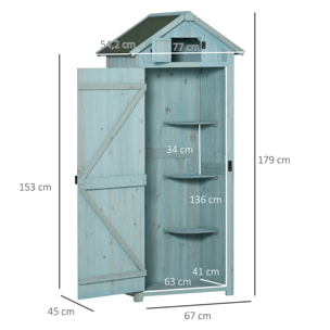 Armoire abri de jardin remise pour outils 3 étagères 2 portes loquets toit pente bitumé 77L x 54l x 179H cm sapin traité bleu