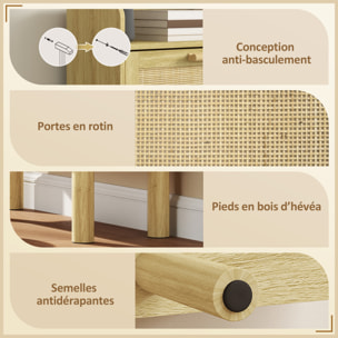 Meuble à chaussures style bohème chic - 3 portes abattantes, étagère - cannage rotin aspect bois clair