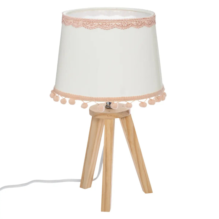 Lampe trépied enfant "Pompons" - blanc & rose H33 cm