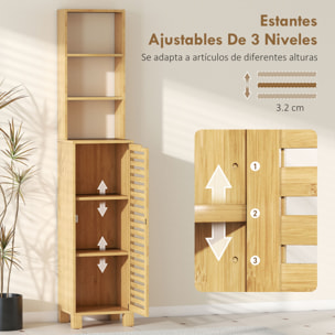 Armario de Baño Alto de Bambú, Columna de Baño Estrecha con 3 Estantes Abiertos, Puerta de Lamas, Estantes Ajustables, 34x30x170 cm, Natural