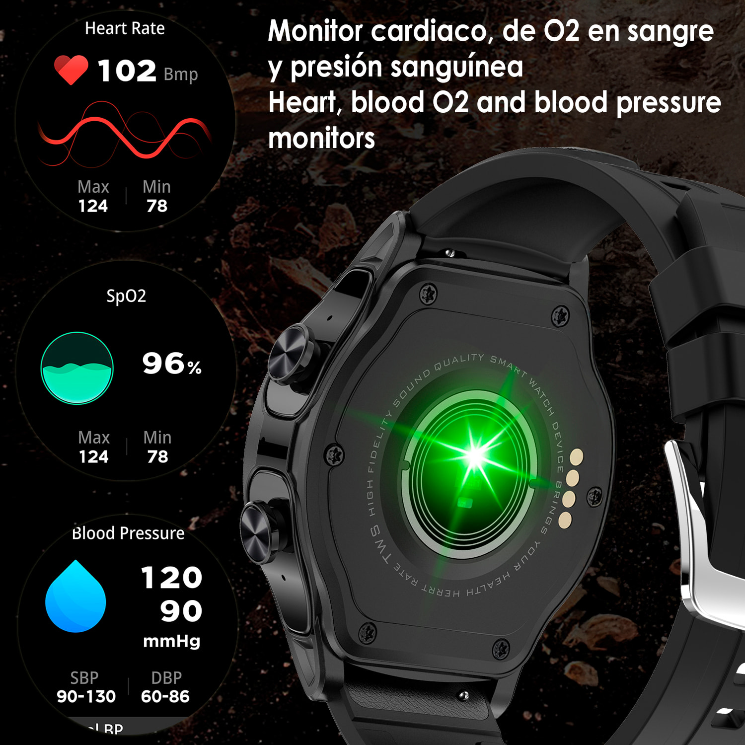 Smartwatch GT66 multideporte, mediciones de tensión y O2 en sangre, con auriculares TWS 5.1 integrados.
