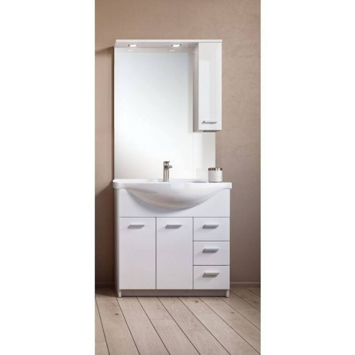 Mobile da bagno a due ante e tre cassetti e specchiera con pensile, Made in Italy, cm 105 x 50 x 191, colore Bianco