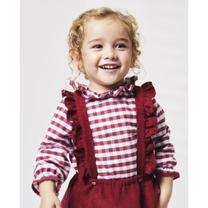 Blusa con cuello volante de cuadro vichy granate y blanco