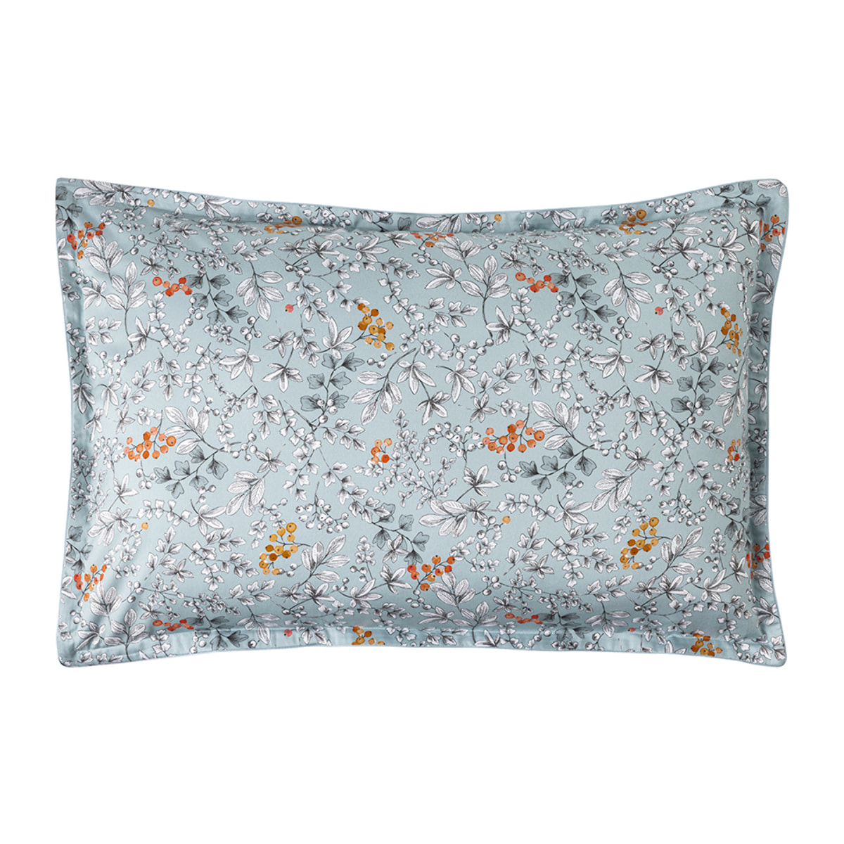 Taie d'oreiller imprimée en satin de coton bio, CUEILLETTE, Bleu baltique
