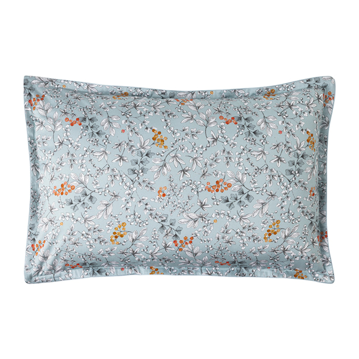 Taie d'oreiller imprimée en satin de coton bio, CUEILLETTE, Bleu baltique