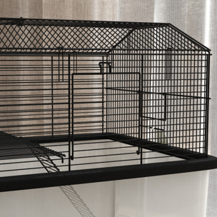 Jaula para Hámster Casa para Animales Pequeños con Fondo Profundo Plataforma Cuenco Bebedero Rampa y Ruedas 57x43x57 cm Negro