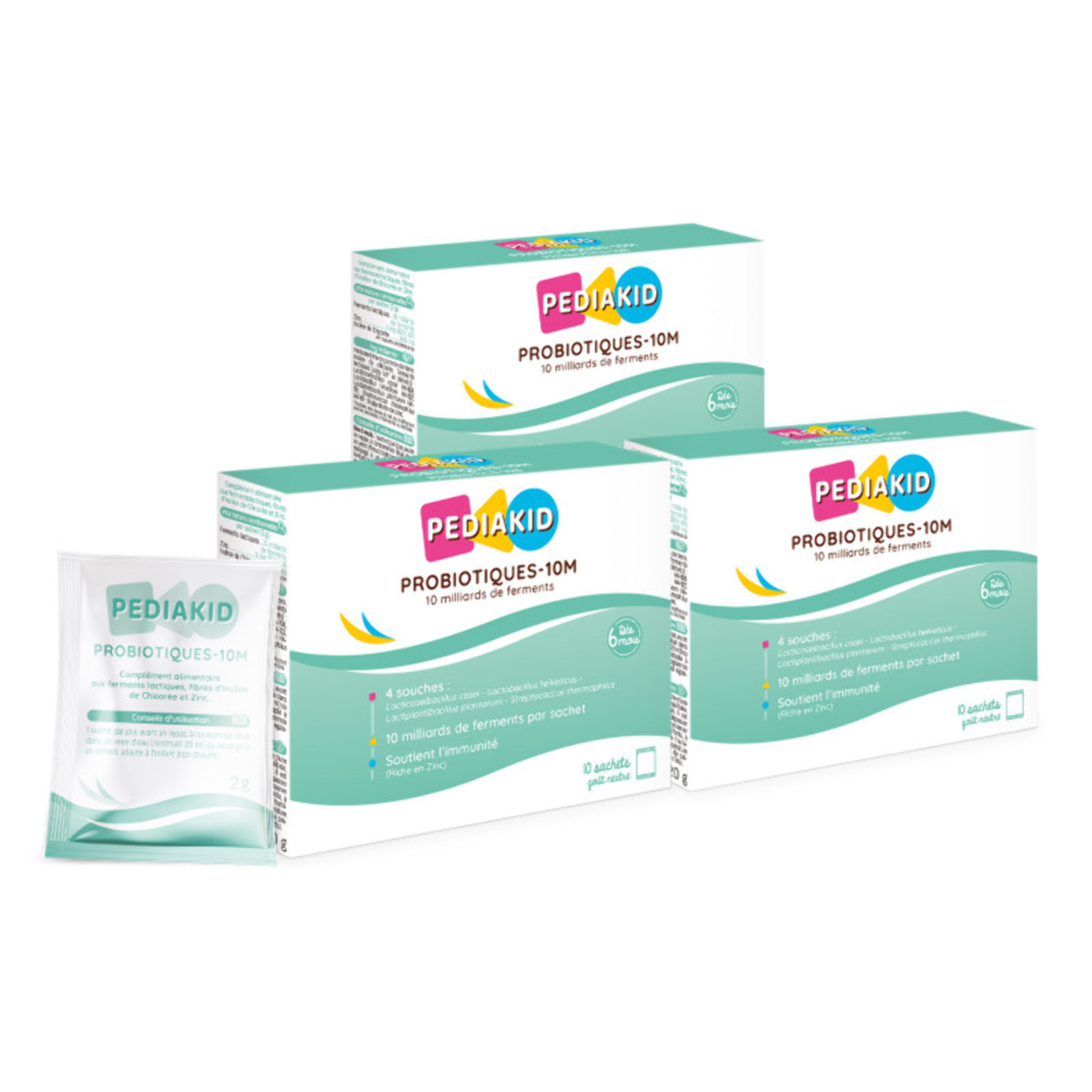 PEDIAKID - Probiotiques-10M - Rééquilibre la flore intestinale - Apporte 10 milliards de ferments lactiques - Soutient l'immunité - Dès 6 mois - Etui de 10 sachets - Lot de 3