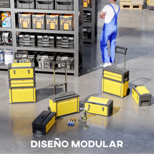 Tallar Móvil Apilable 3 en 1 Caja de Herramientas con Ruedas Carro de Herramientas de Acero con Bandeja Mango Telescópico Amarillo y Negro