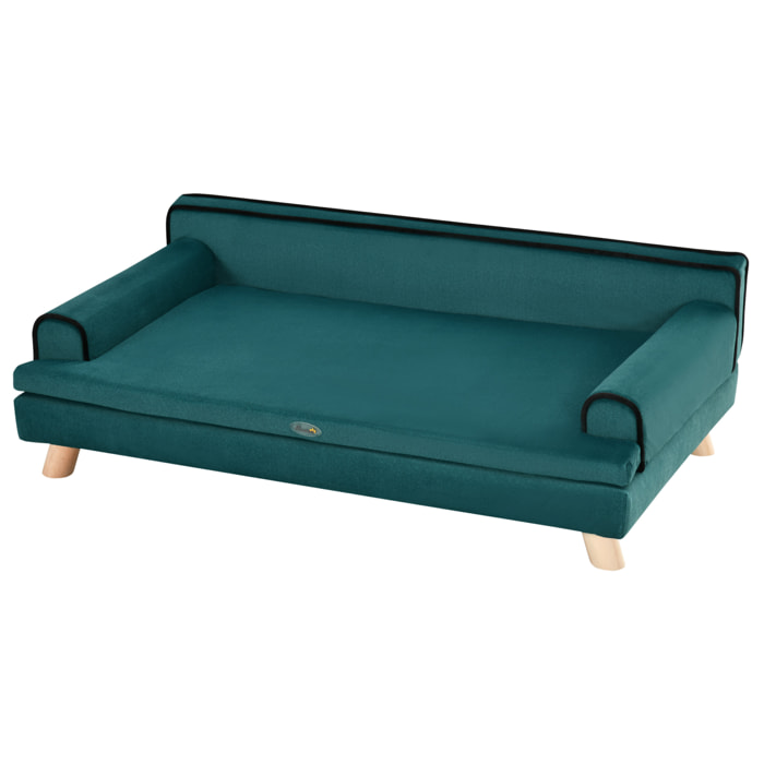 Canapé chien lit pour chien design scandinave coussin moelleux piètement bois dim. 100L x 62l x 32H cm polyester bleu canard