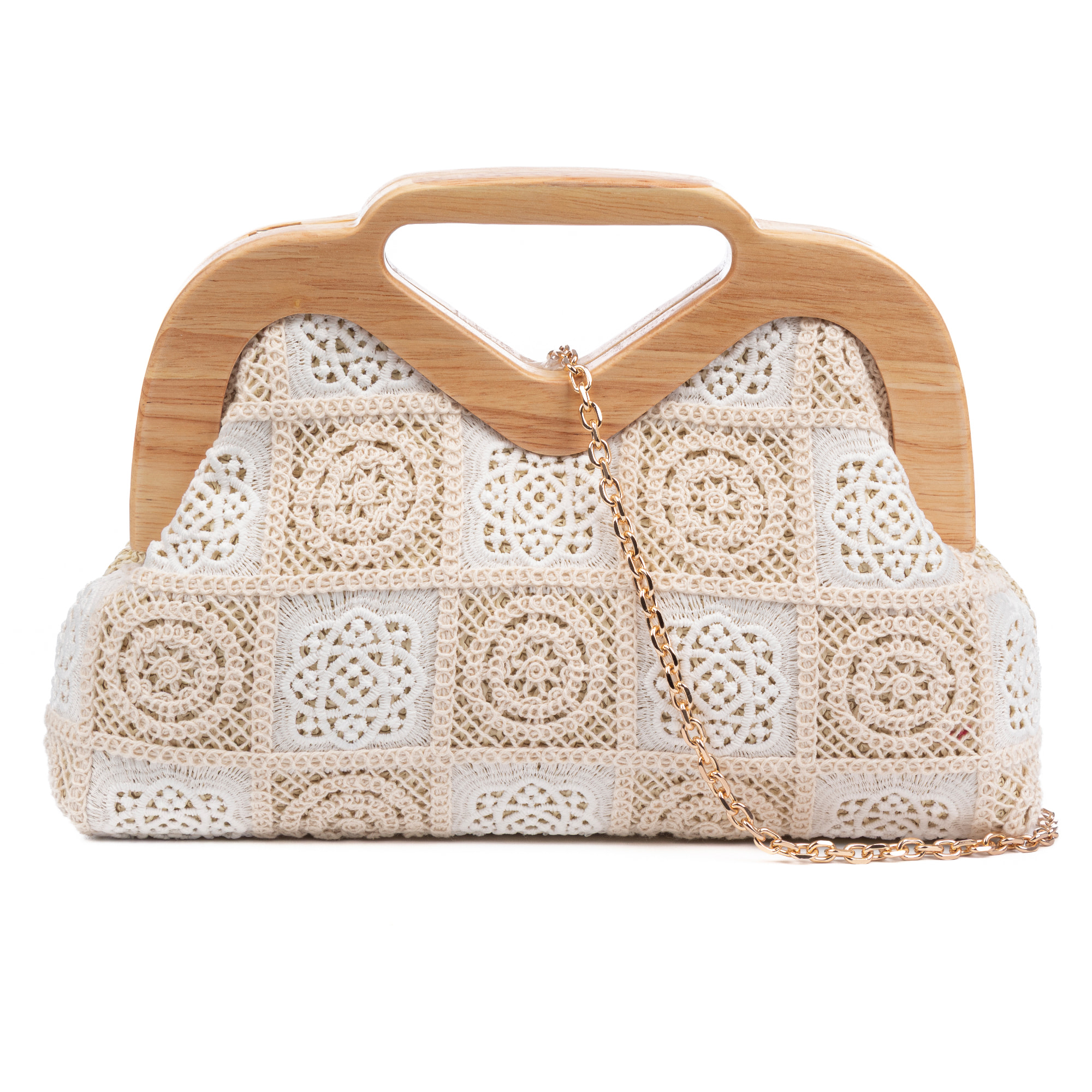 Bisenzio Bolso de mano Mujer. Fabricado en madera natural, algodón y paja trenzada.