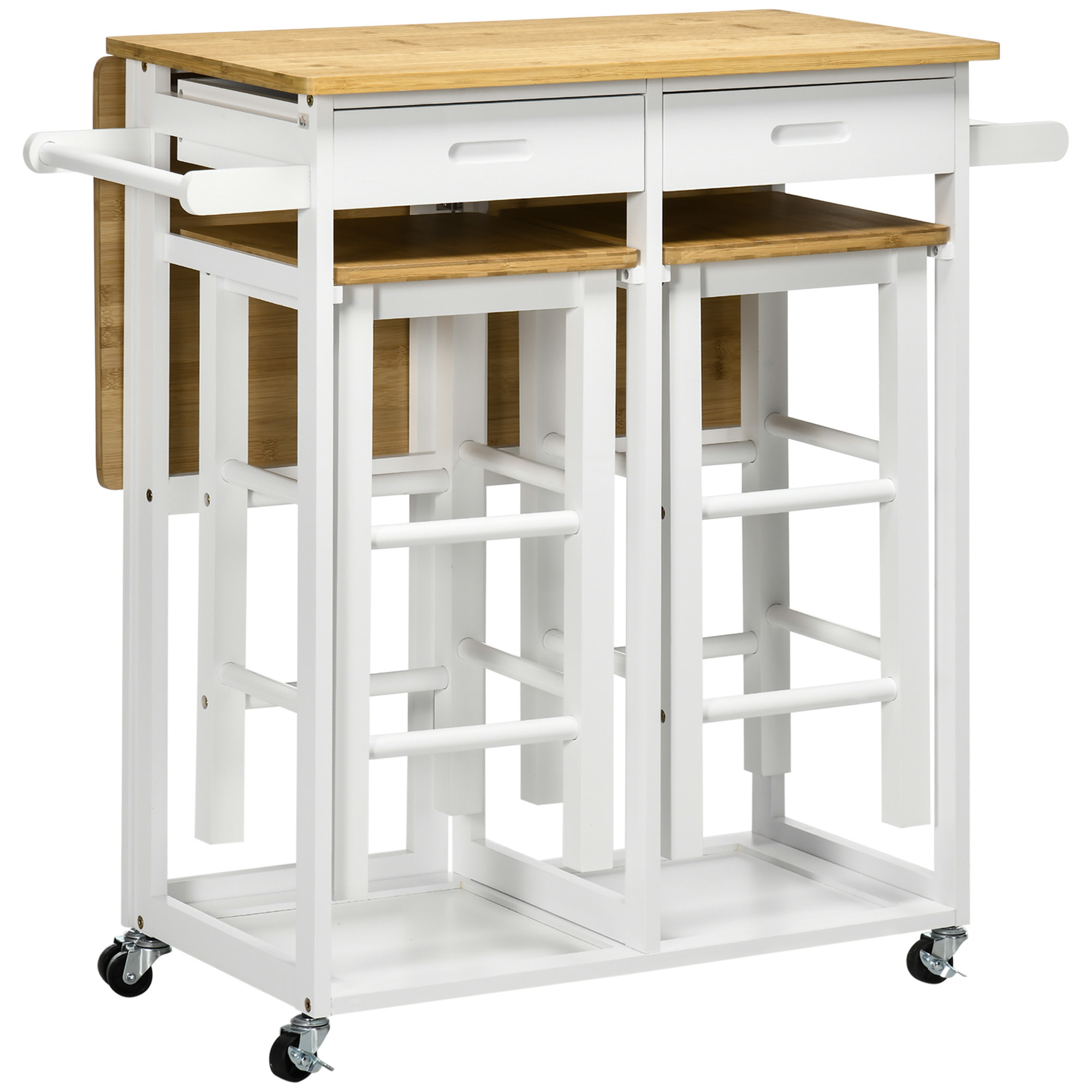 Ensemble table de bar pliable sur roulettes avec 2 tiroirs - 2 tabourets inclus - bois bambou verni et blanc