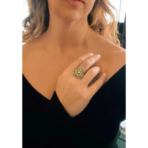 Anillo Retro cristal negro y dorado envejecido chapado