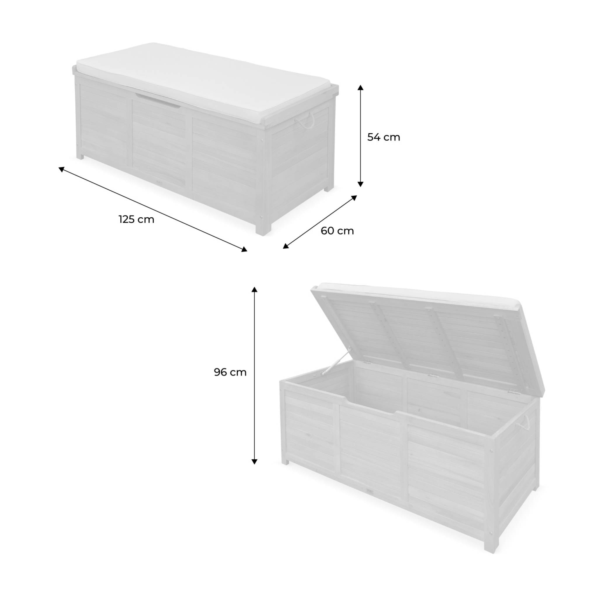 Coffre de jardin en bois 200L - Caja gris- 125x60cm rangement coussins avec 2 vérins et poignées