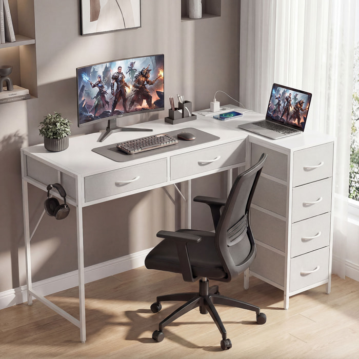 Escritorio Esquinero Reversible con 6 Cajones de Tela, 126x48 cm, Escritorio en L con Toma de Corriente, Puerto de Carga USB y USB-C, Mesa en L para Oficina en Casa, Estudio, Blanco