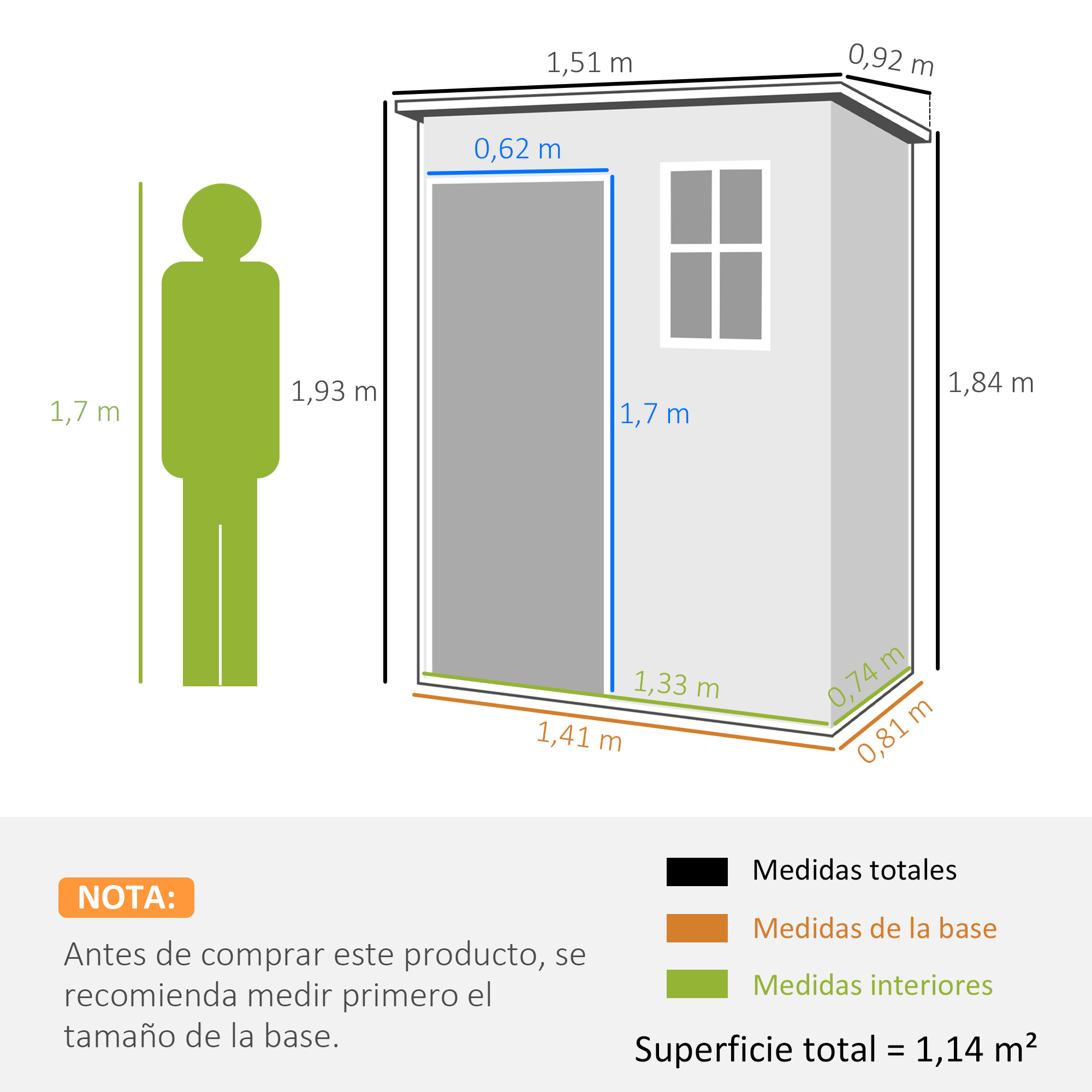 Caseta de Jardín Exterior, 1,14 m², 151x92x193 cm, Cobertizo de Jardín Exterior Metálico con Suelo, Puerta Corredera, Ventana y Techo Inclinado, para Almacenamiento de Herramientas, Gris