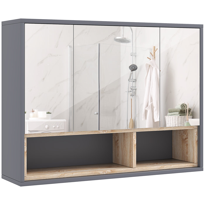 Armoire miroir de salle de bain - 3 portes, 3 étagères, 2 niches - dim. 80 x 20 x 60 cm - gris effet bois clair naturel