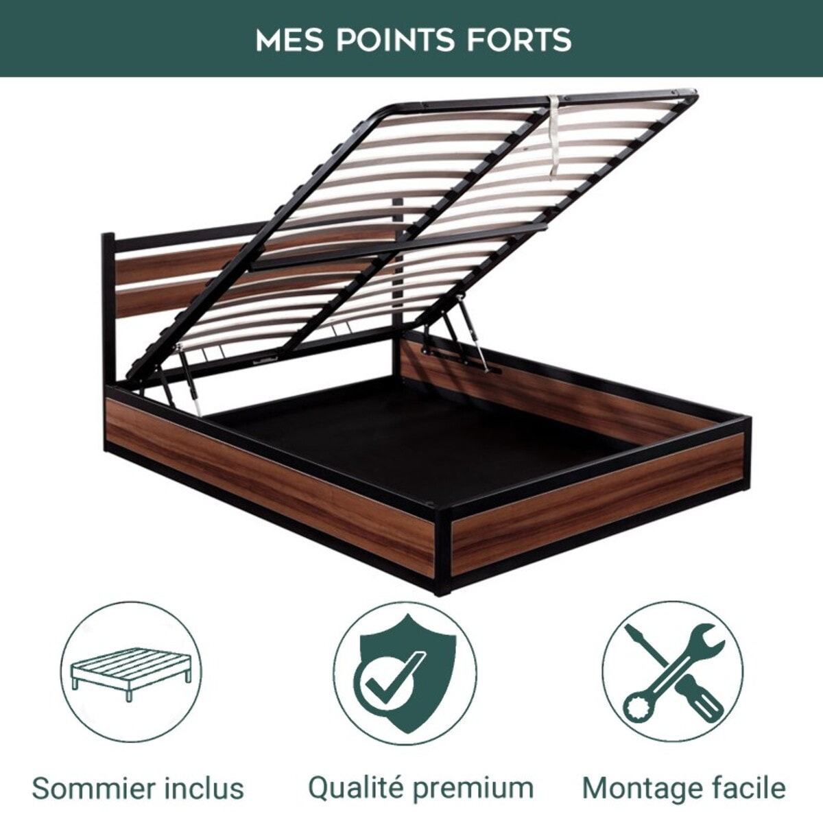 Ensemble lit coffre avec tête de lit & matelas | Mémoire de forme et ressorts ensachés | Espace de Stockage jusqu'à 900 L | Robuste et Large Angle d’Ouverture | Bois et métal | Bois foncé