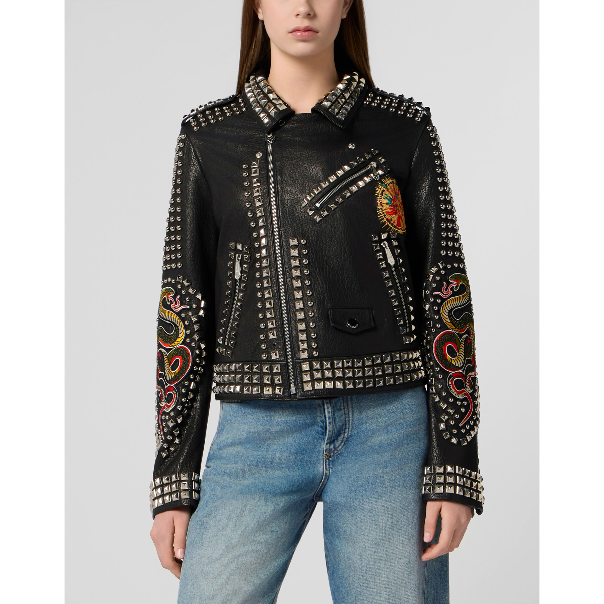 PHILIPP PLEIN Boxy Fit Biker Jacket Studs & Patches
