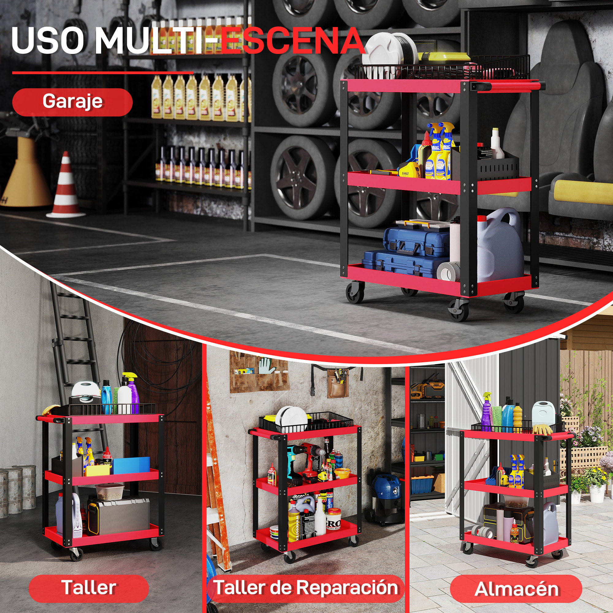 Carro de Taller, Carro de Herramientas con 3 Estantes, Ruedas con Frenos y Asa Lateral, para Garaje Mecánico, Hogar, Carga 120 kg, Rojo